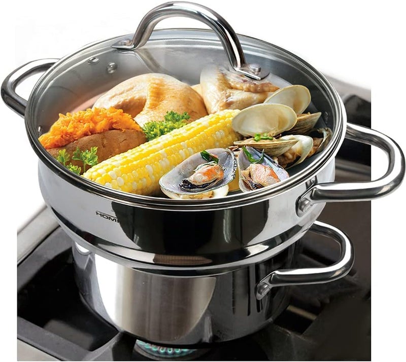 HOMICHEF 3 PCS Whole Food Steamer Set - Nickel Free Stainless Steel Veggie Steam Pot (9.5" Large Vegetable Steamer Insert With Lid, 8" Steam Pot) - Image 1